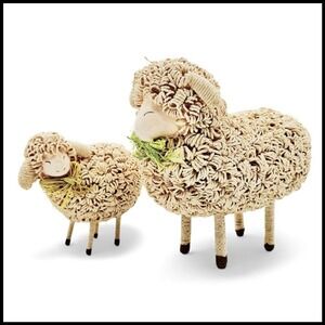 Pier 1 Raffia Curly Sheep Figurines Set of 2 Easter Nativity Farm Decor 6-8" Bow